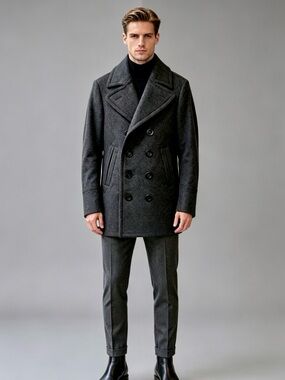 BURBERRY ECKFORD MELANGE DARK GREY WOOL / CASHMERE PEA COAT